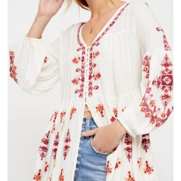 Free People Ariana Peasant Boho Tunic Top Embroidered Flowy V-Neck Women XS - Picture 16 of 16